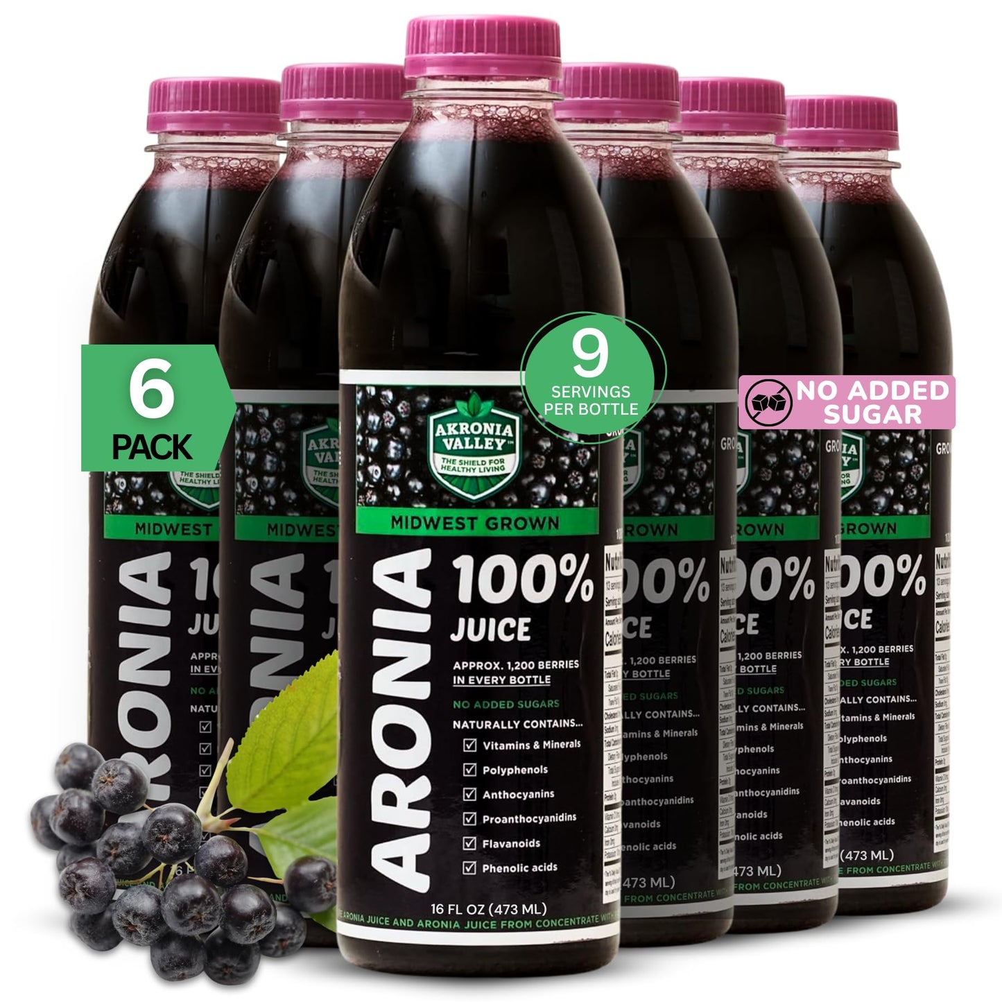Akronia Valley 100% Aronia Berry Juice | 16 Fl Oz (Pack of 6) One Month Supply | Gluten Free Superfood Juice Drink