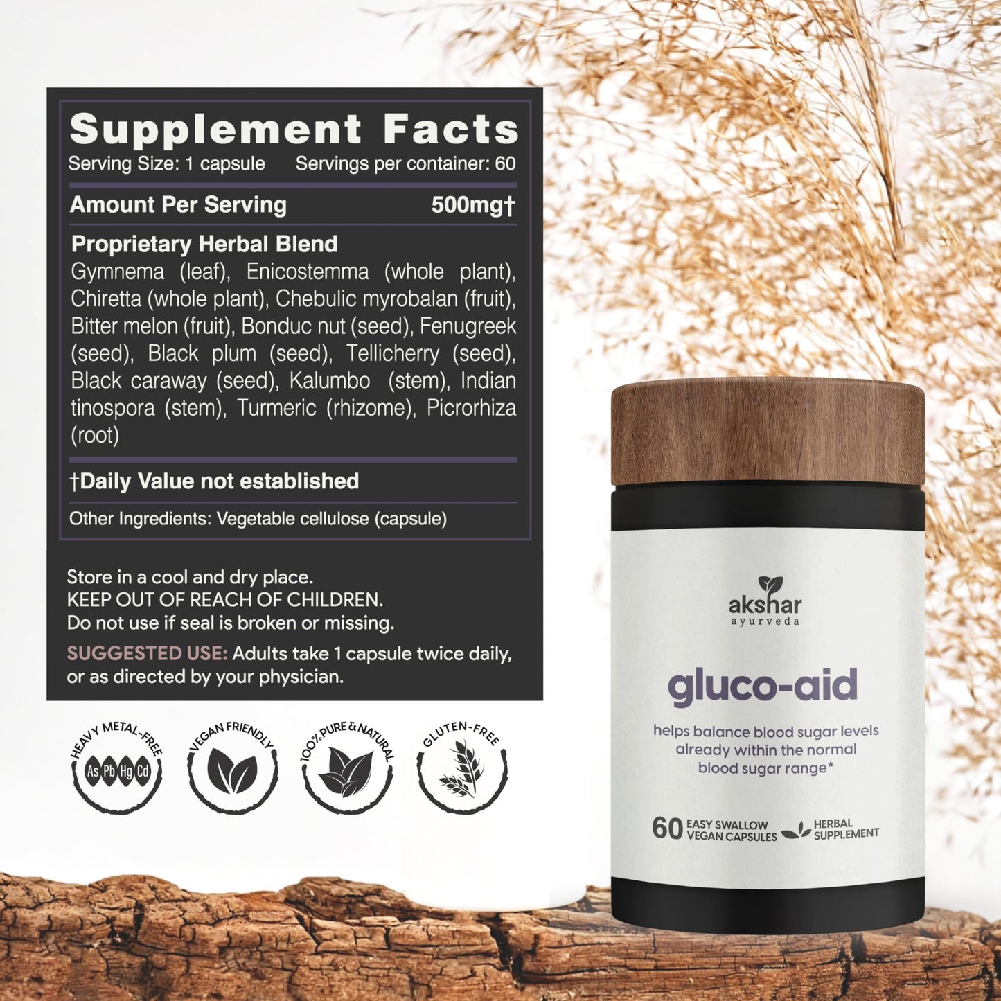 AKSHAR Ayurveda Gluco Support - Gymnema, Bitter Melon, Turmeric (60 Capsules)