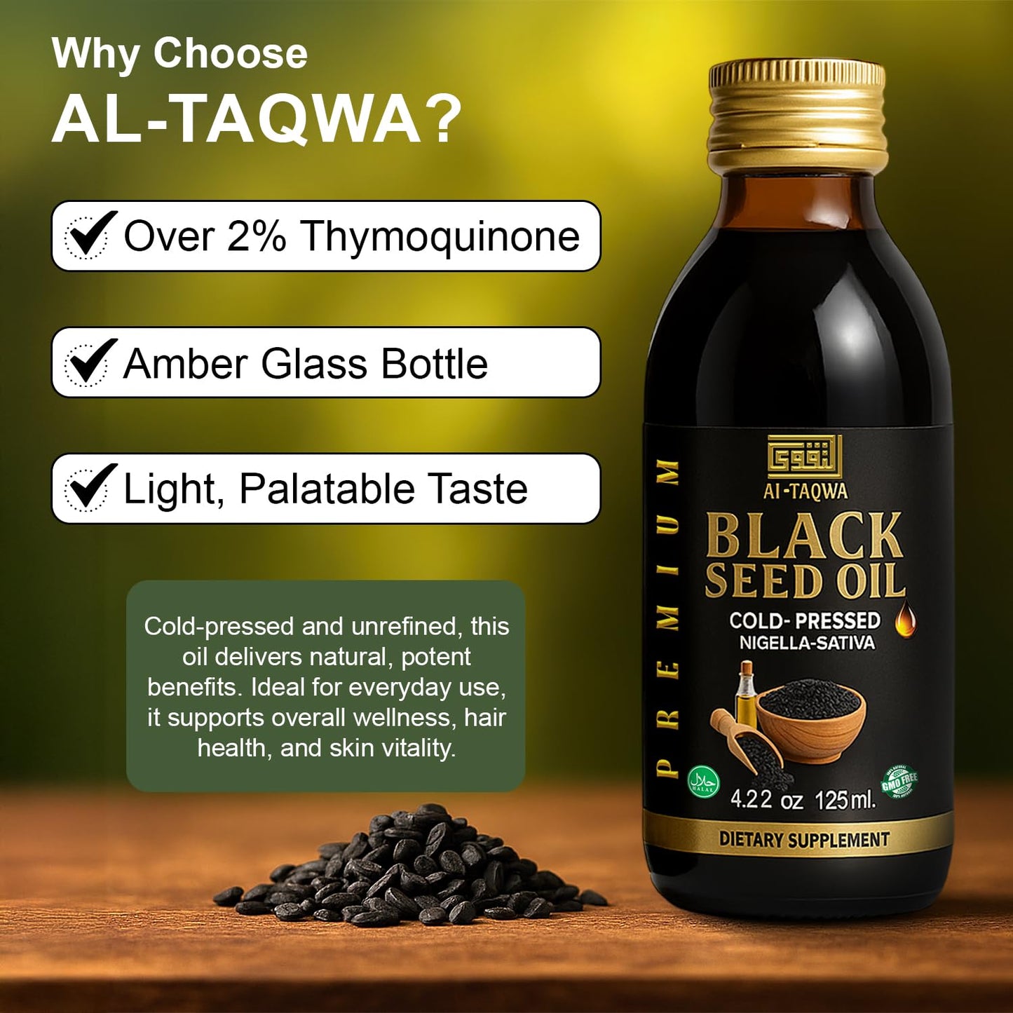AL-TAQWA Black Seed Oil – Extra Virgin Nigella Sativa (Kalonji) 125ml Amber Bottle