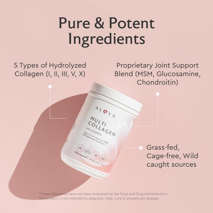 Alaya Multi Collagen Powder - Type I, II, III, V, X Hydrolyzed Collagen Peptides + MSM (Unflavored) - 40 Servings