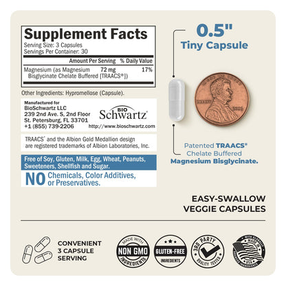 Magnesium Bisglycinate 100% Chelate No-Laxative Effect - Maximum Absorption & Bioavailability, Fully Reacted & Buffered - Healthy Energy Muscle Bone & Joint Support - Non-GMO Project Verified - 90 ct