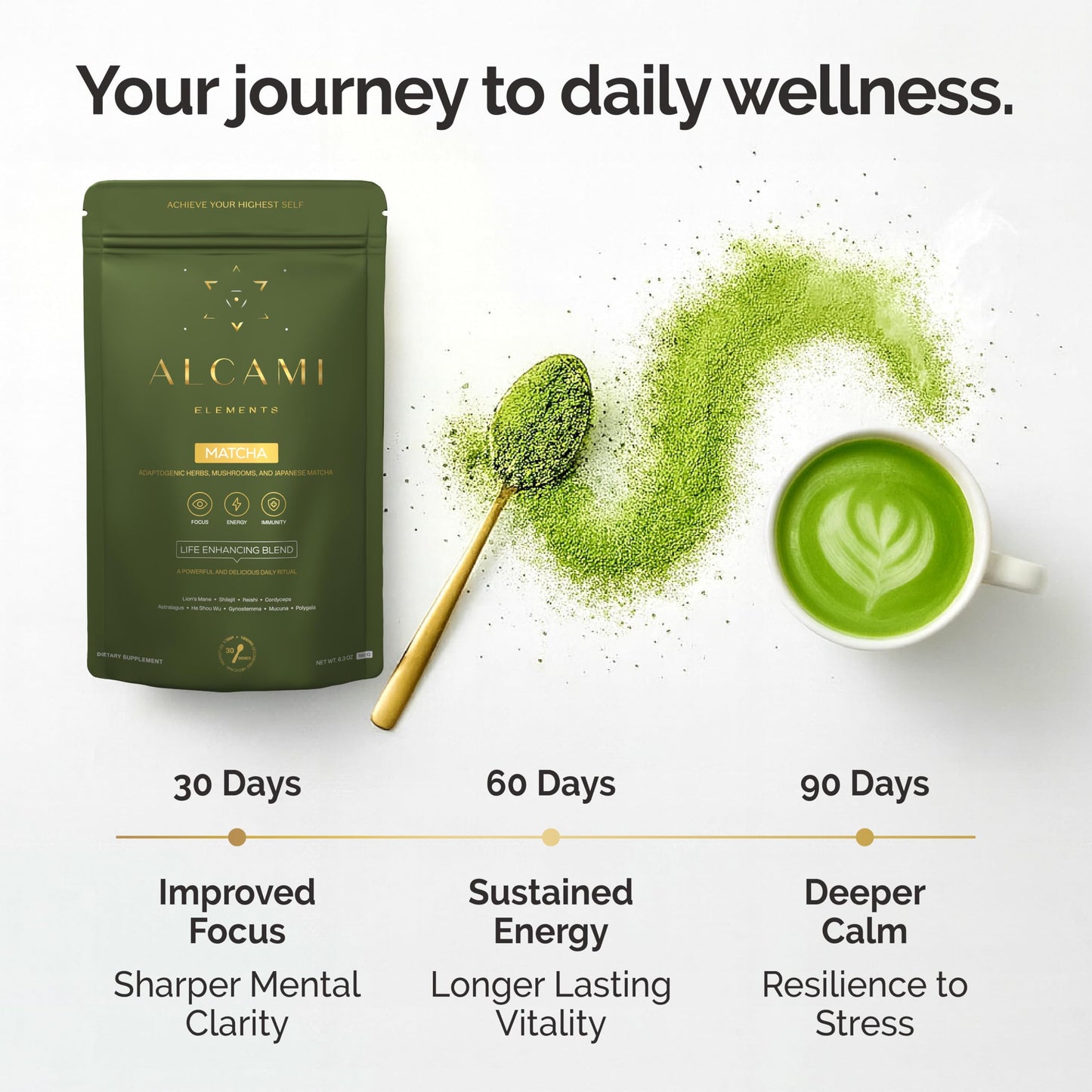 alcami elements Matcha Mushroom Coffee 10X Extract | Lion's Mane, Reishi & Cordyceps | 30 Servings