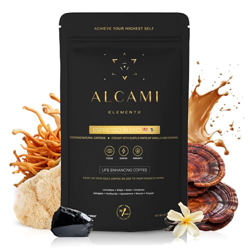 Alcami Elements Mushroom Espresso Coffee – 10X Concentrated Extract with Lion’s Mane, Reishi & Cordyceps | 30 Servings