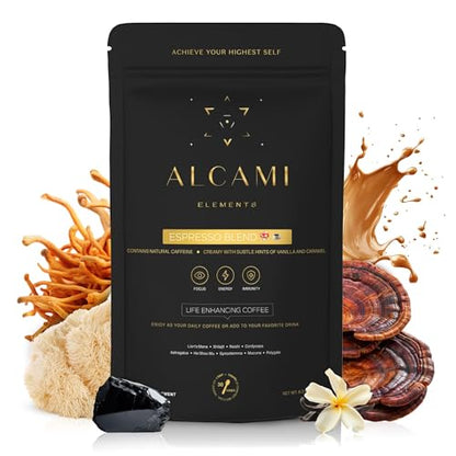Alcami Elements Mushroom Espresso Coffee – 10X Concentrated Extract with Lion’s Mane, Reishi & Cordyceps | 30 Servings