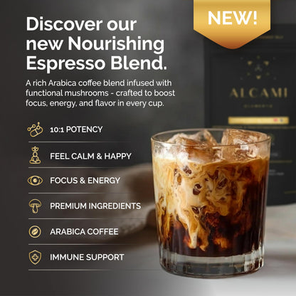 Alcami Elements Mushroom Espresso Coffee – 10X Concentrated Extract with Lion’s Mane, Reishi & Cordyceps | 30 Servings