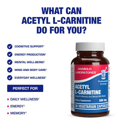 ALCAR 500mg Acetyl L-Carnitine – Brain, Nerve & Memory Support – Vegetarian, Non-GMO, Made in USA – 30 Servings