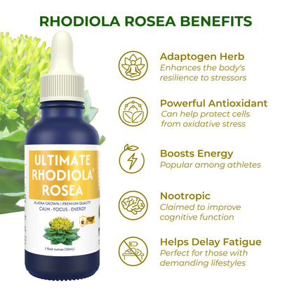 Ultimate Rhodiola® Alaska Grown, Alcohol Free, Certified Organic Rhodiola rosea Tincture, CO2 extracted, Reduce Stress, Improve Energy and Mood, Adaptogen, Nootropic, 3rd Party Tested