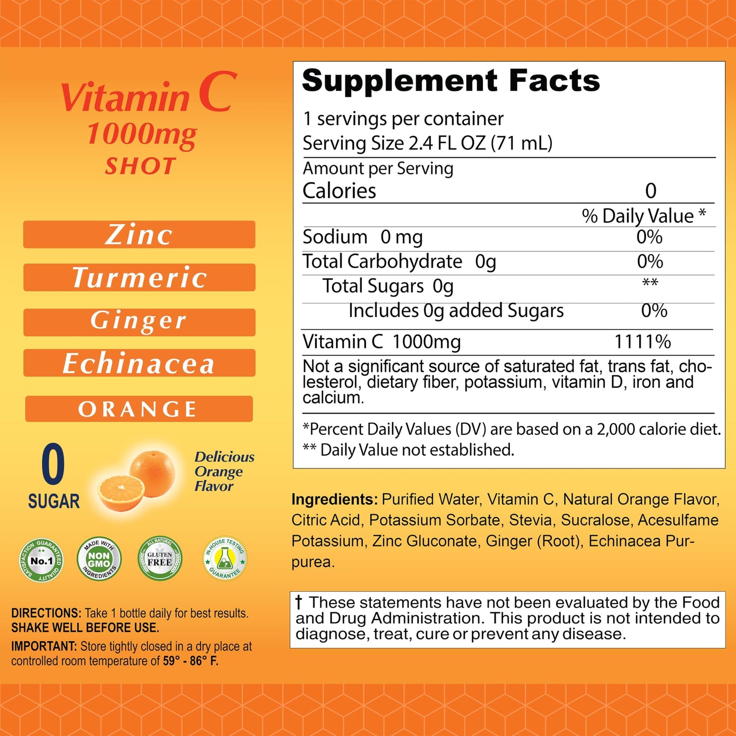 ALFA VITAMINS Vitamin C Shot 1000mg with Zinc, Ginger & Echinacea – Immune Support & Daily Wellness – Orange Flavor, 2.4 fl oz, 80-count
