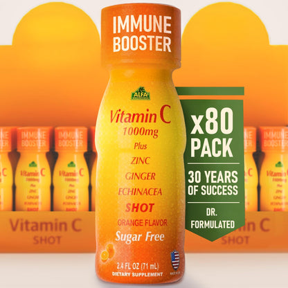 ALFA VITAMINS Vitamin C Shot 1000mg with Zinc, Ginger & Echinacea – Immune Support & Daily Wellness – Orange Flavor, 2.4 fl oz, 80-count