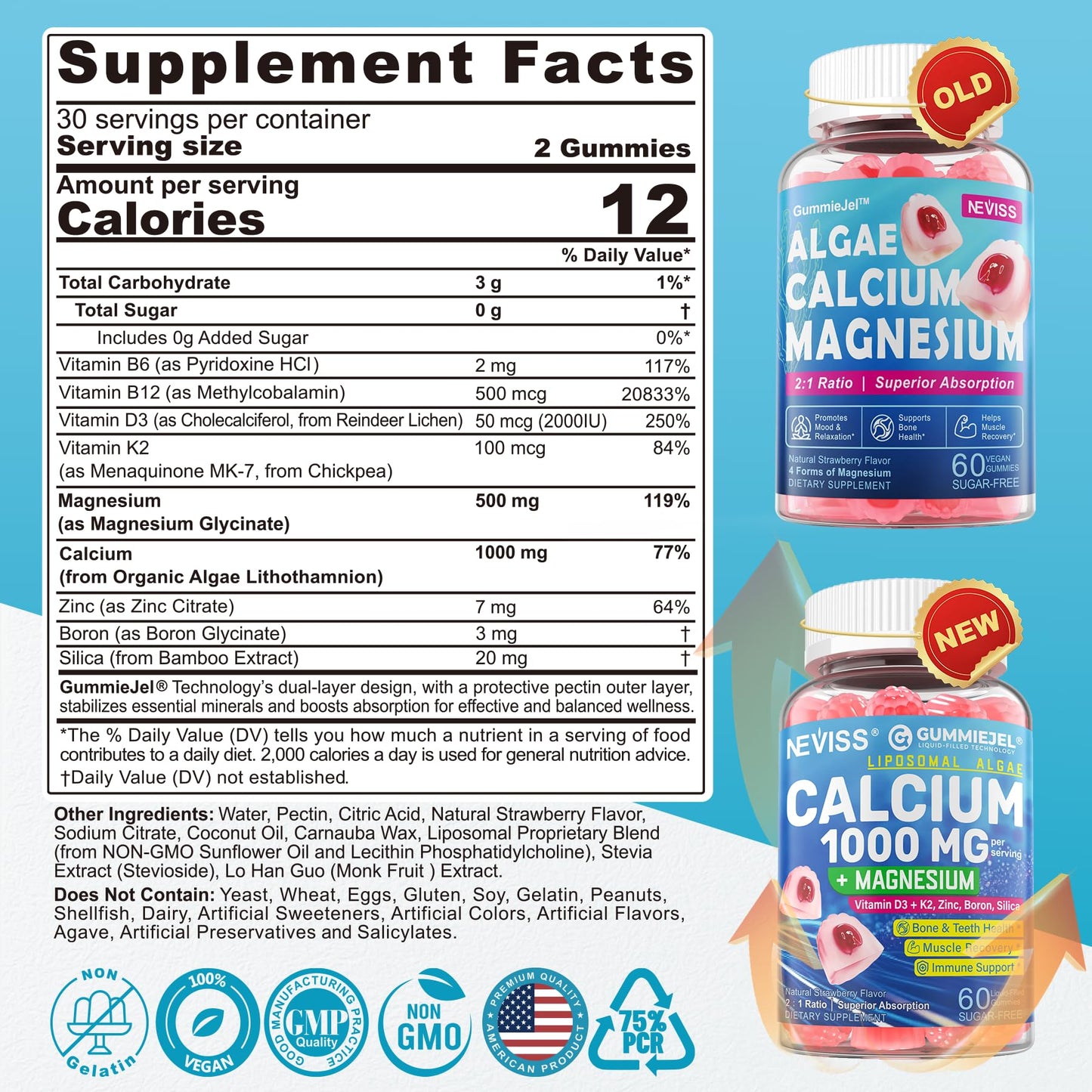 Liposomal Calcium 1000mg Gummies with D3 and K2 - Sugar-Free, Vegan