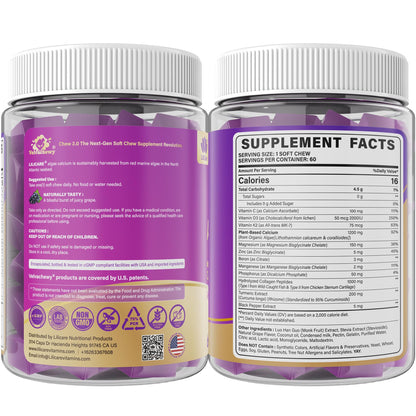Algae Calcium Soft Chews 1200mg + Collagen | D3/K2 | Plant-Based Calcium Gummies – 60 Count