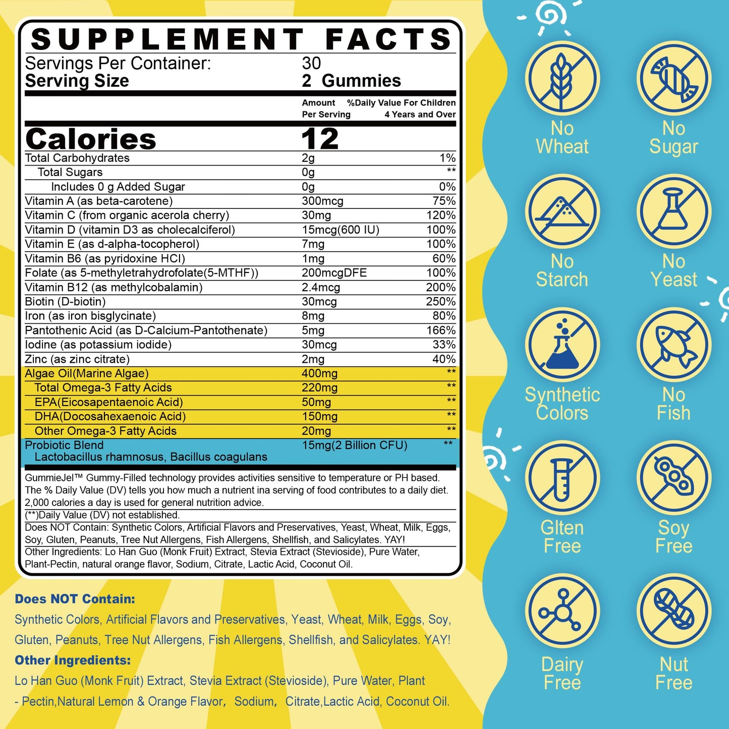Kids Multivitamin Gummies with Iron – Sugar Free, Probiotics & Omega-3 (60 Count)