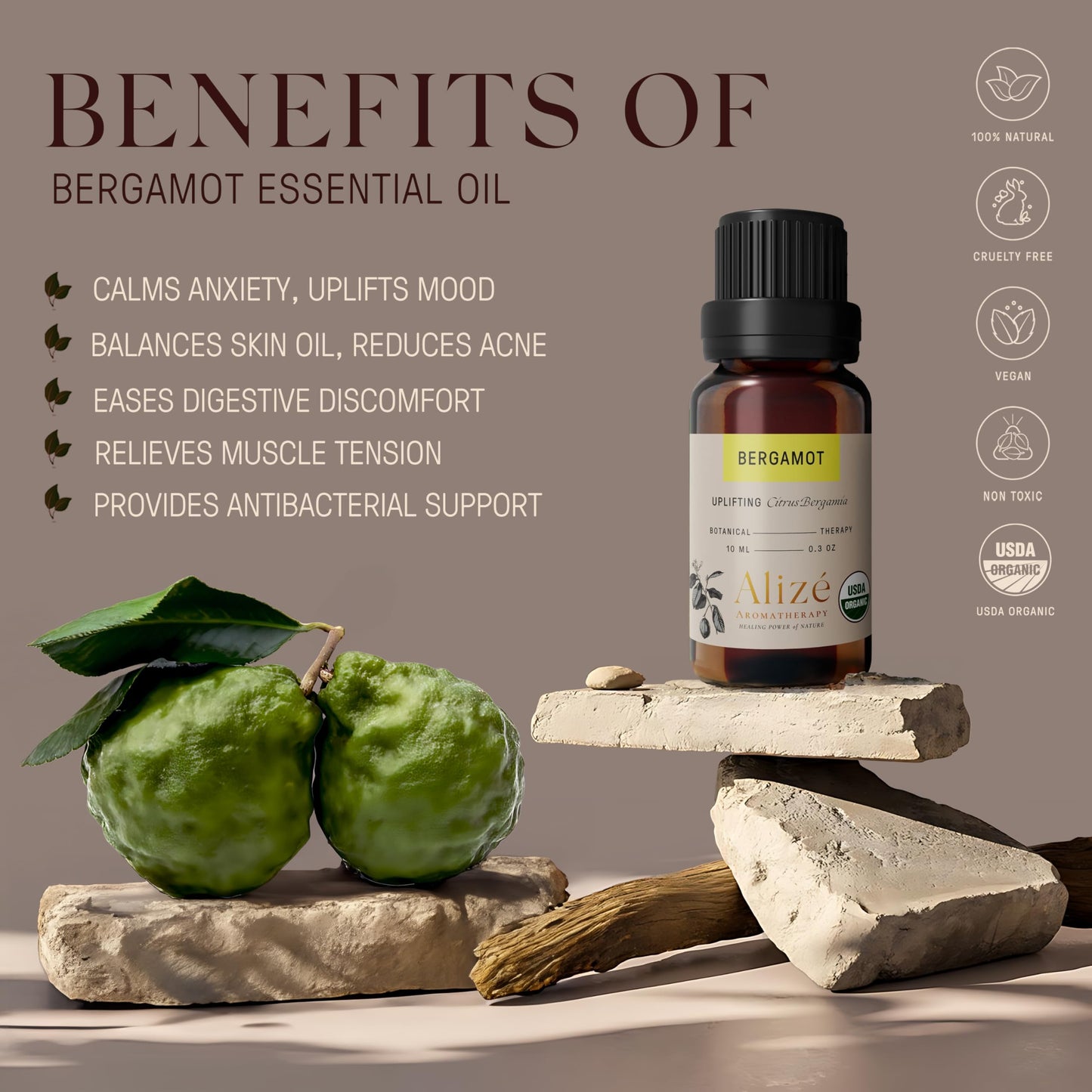 Alizé Bergamot Essential Oil – USDA Organic, 100% Pure & Natural, 10ml
