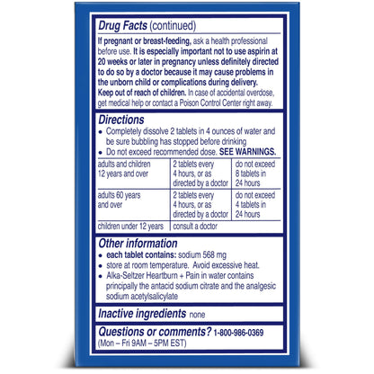 Alka-Seltzer Heartburn + Pain Relief Tablets | Fast Heartburn & Indigestion Relief, 12 Ct