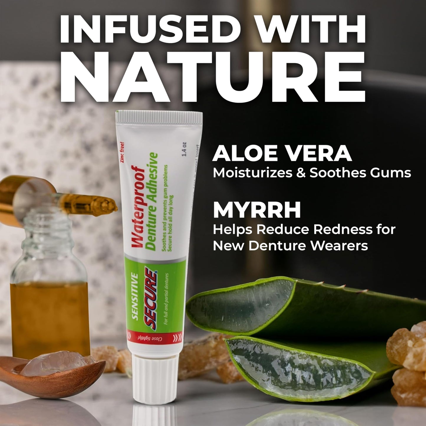 Secure Denture Adhesive with Aloe Vera & Myrrh - 12-Hour Waterproof Seal - 1.4 oz