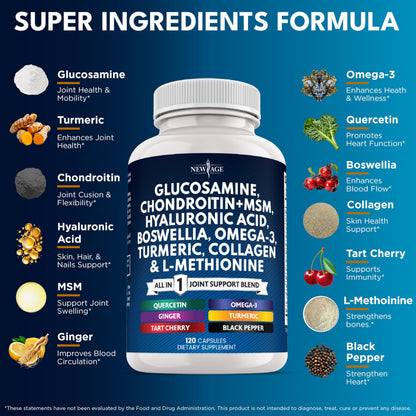 Glucosamine Chondroitin MSM, Turmeric Curcumin, Collagen, Hyaluronic Acid & Omega-3 – 240 Count