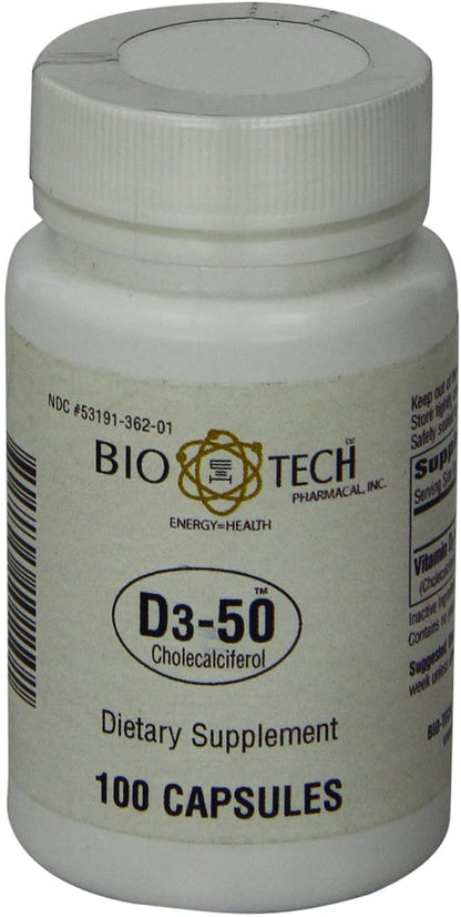 Bio-Tech Pharmacal D3-50 50,000 IU – 100 Caps | Vitamin D3 for Bone, Heart & Immune Health