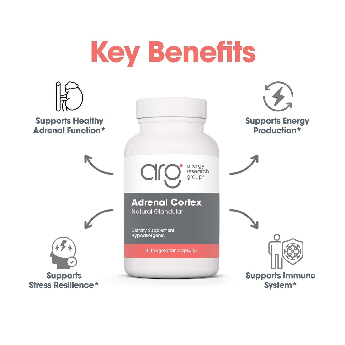 Allergy Research Group Adrenal Cortex Support - Adrenal Glandular Supplement, Immune Function, 100mg Adrenal Extract, Bovine - 100 Count