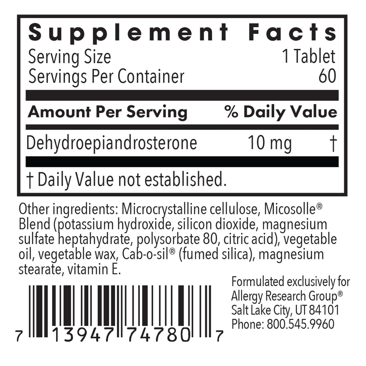 Allergy Research Group DHEA 10mg Micronized – Metabolism Support, Soy-Free, Vegan, Scored Tablets – 60 Count