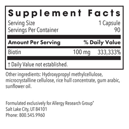 Allergy Research Group HiBiotin Supplement - Extra Strength Biotin Pills, Vegetarian Capsules, Gluten Free - 90 Count