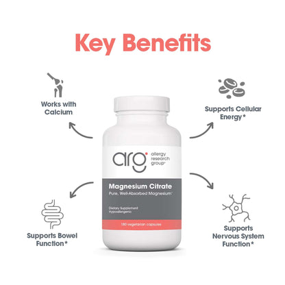 Allergy Research Group Magnesium Citrate Supplement – 170 mg per Capsule | 180 Vegetarian Capsules
