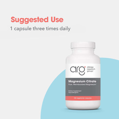 Allergy Research Group Magnesium Citrate Supplement – 170 mg per Capsule | 180 Vegetarian Capsules