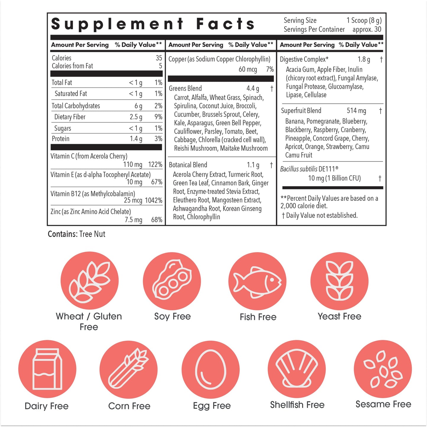 Allergy Research Group Super Greens – 8.45 oz Superfood Powder with Spirulina, Chlorella, Oat Grass & DE111 Probiotic