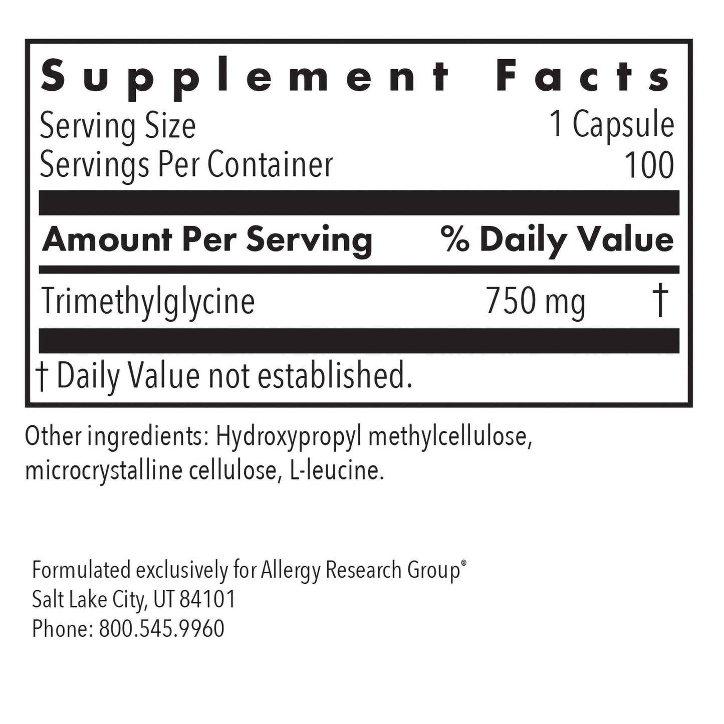 Allergy Research Group TMG Trimethylglycine 750mg – Betaine Anhydrous, 100 Capsules