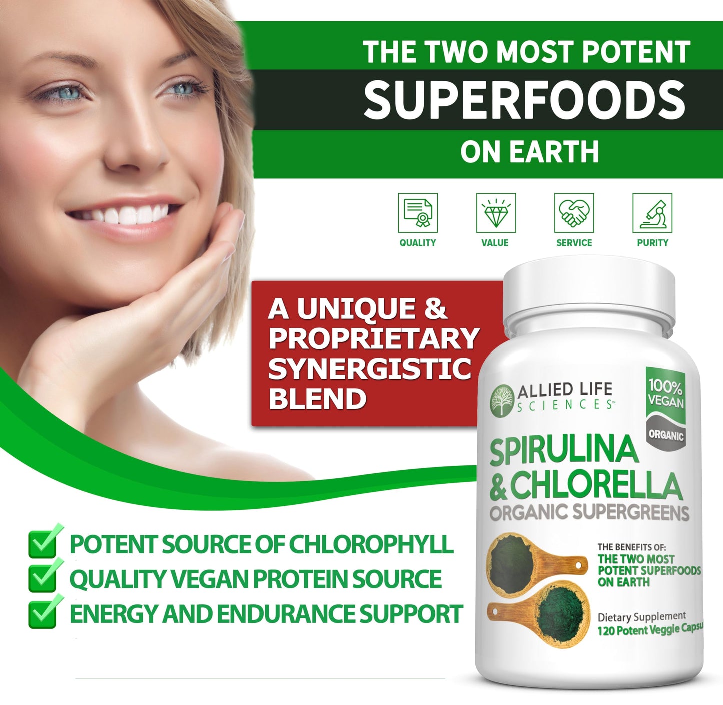 Allied Life Spirulina & Chlorella – Organic Green Superfood (120 Capsules)