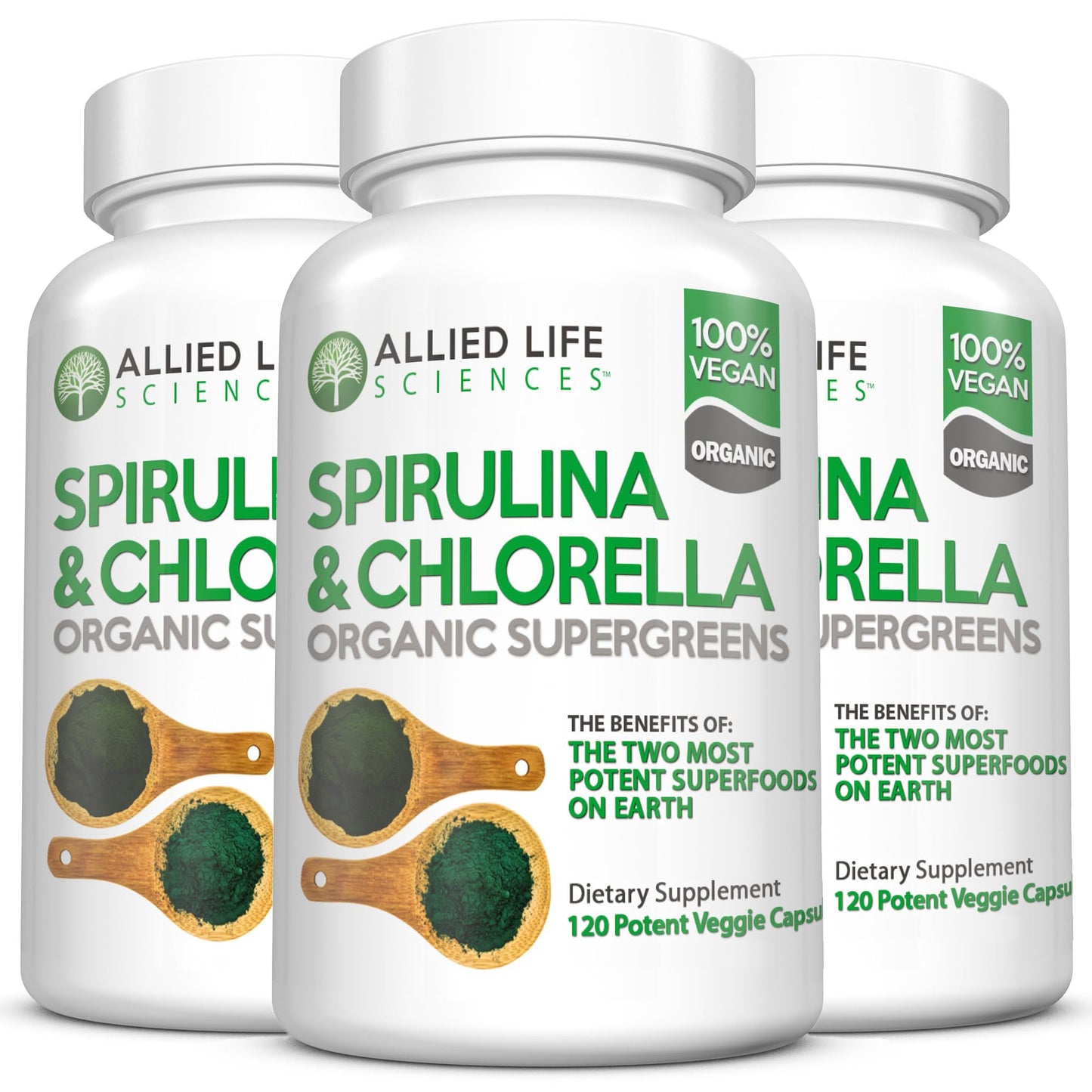 Allied Life Spirulina & Chlorella | Organic Green Superfood Capsules | 3 Bottle Pack