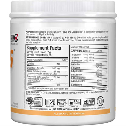 ALLMAX A:CUTS Amino-Charged Energy Drink Peach Mango – 210 g (30 Servings) | Caffeine, L-Carnitine & Taurine