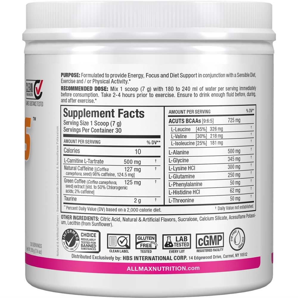 ALLMAX A:CUTS Amino-Charged Energy Drink Pink Lemonade | 210 g | 30 Servings | Sugar & Gluten Free