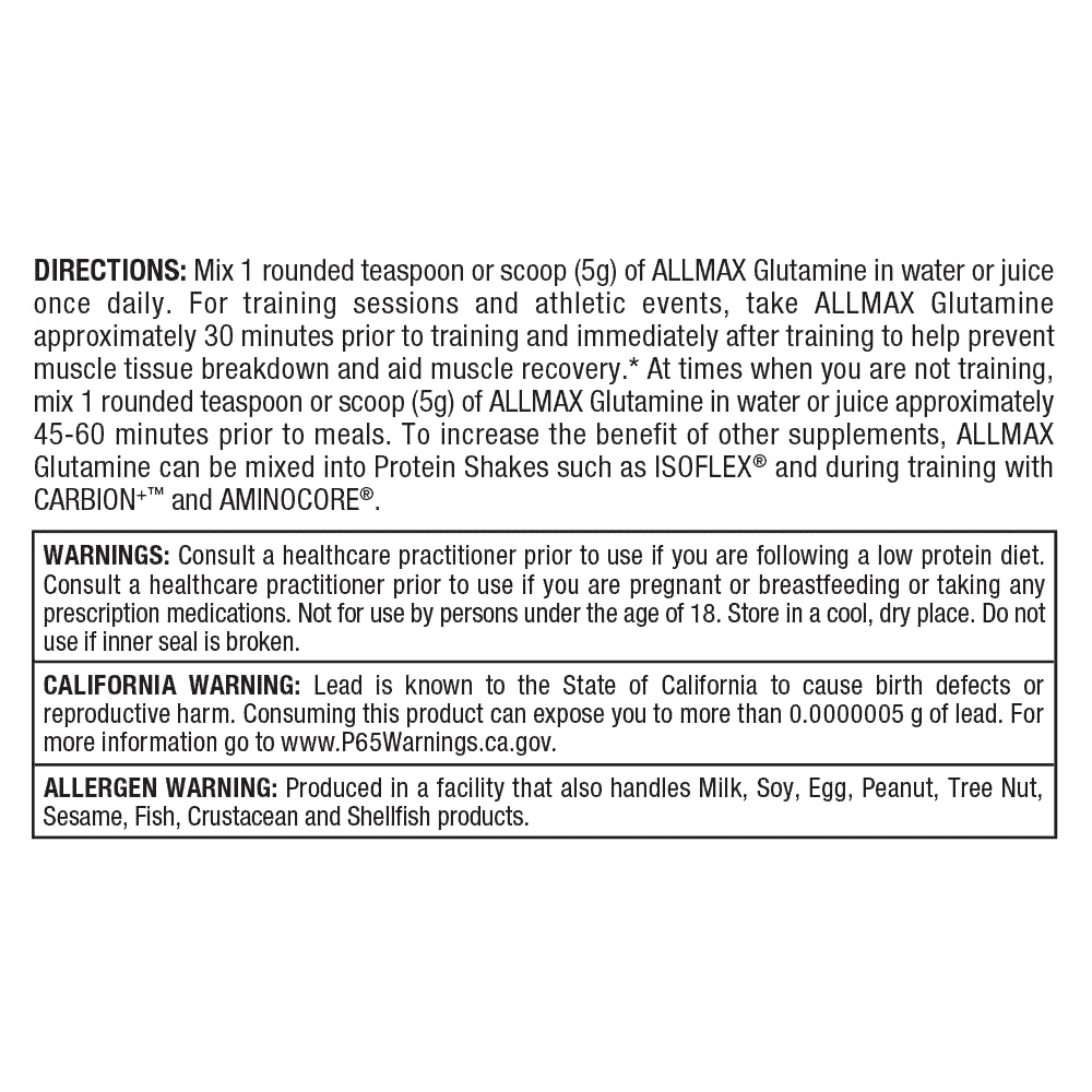 ALLMAX Nutrition L-Glutamine Powder – Muscle Recovery Formula | Gluten Free, Vegan | 1000 Grams