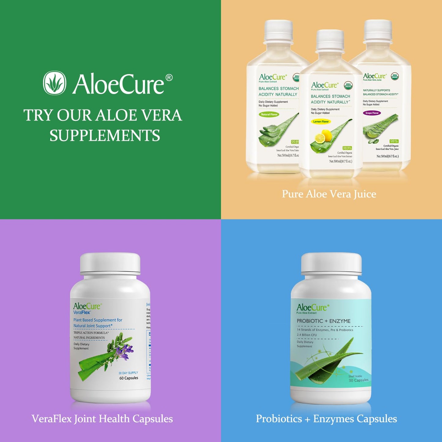 AloeCure USDA Organic Aloe Vera Juice – Grape Flavor, 16.7oz x 2 Bottles | Digestive & Immune Support