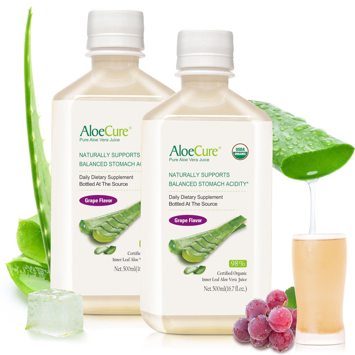 AloeCure USDA Organic Aloe Vera Juice – Grape Flavor, 16.7oz x 2 Bottles | Digestive & Immune Support