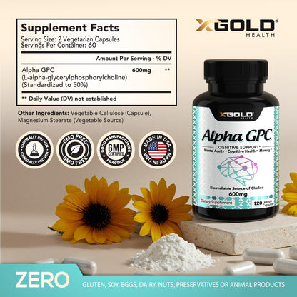 Alpha GPC Choline 600mg - Nootropic Brain Health & Focus, 120 Veggie Capsules