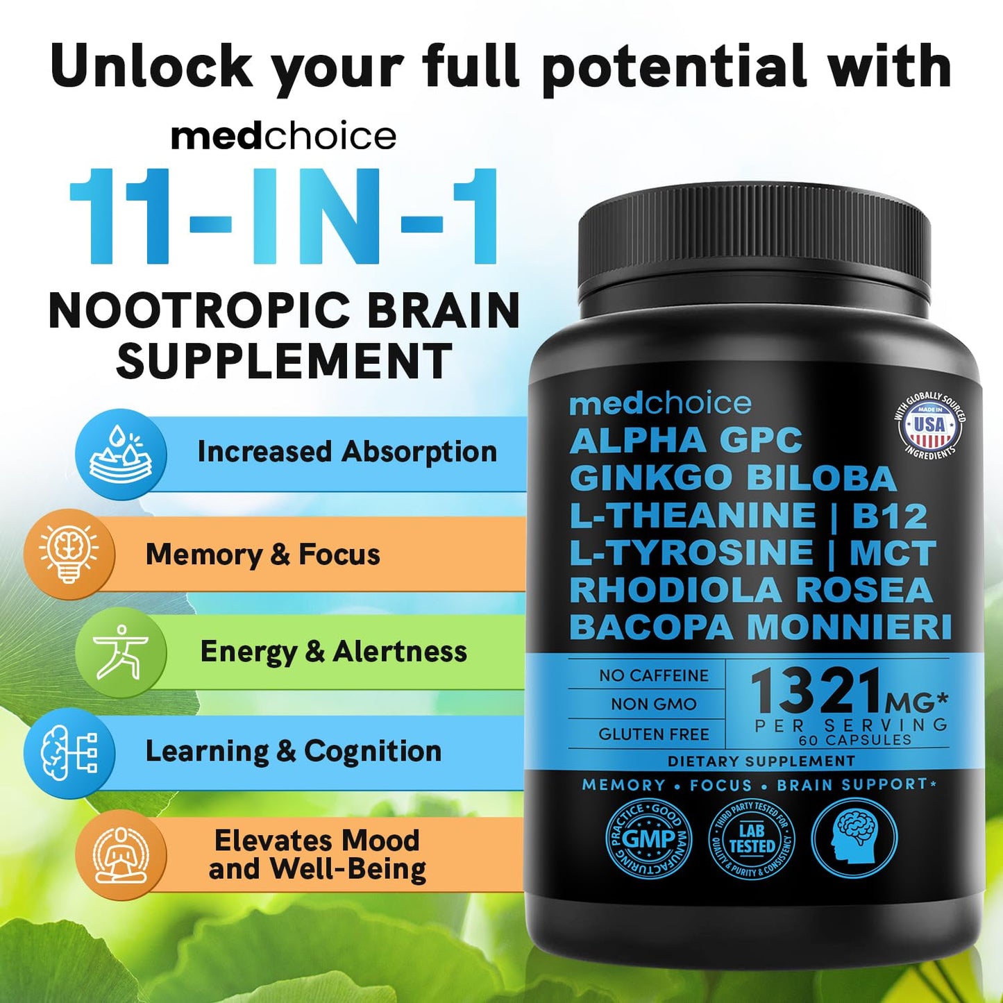 12-in-1 Nootropic Ginkgo Biloba for Brain Support - 60ct, Non-Caffeinated 1321mg