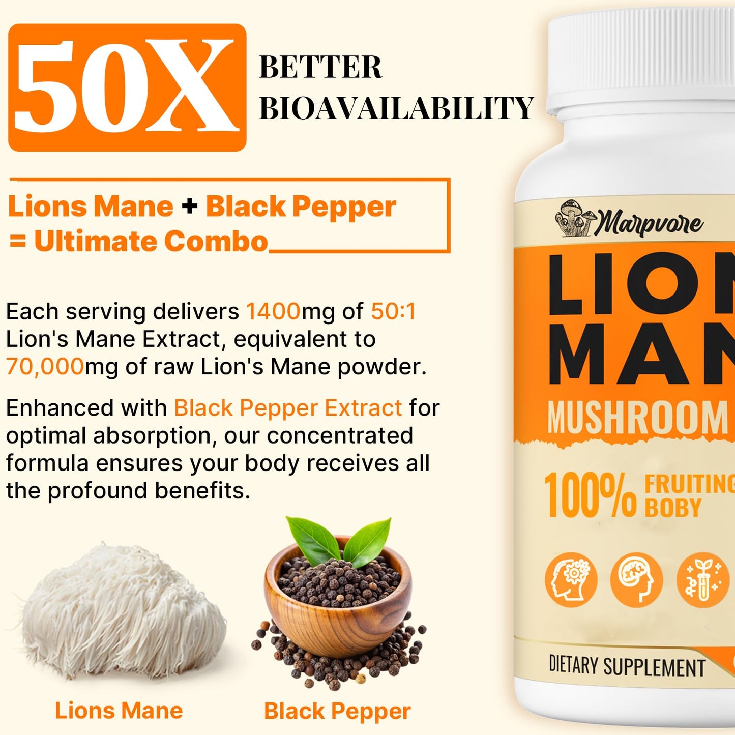 50X Strength Lions Mane 1400mg | Memory & Focus Brain Supplement - 60 Capsules