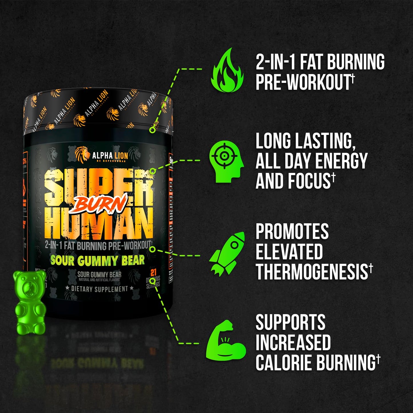ALPHA LION Superhuman Burn – 2-in-1 Metabolism Booster Pre Workout & Thermogenic Fat Burner for Men – Sour Gummy Bear, 21 Servings