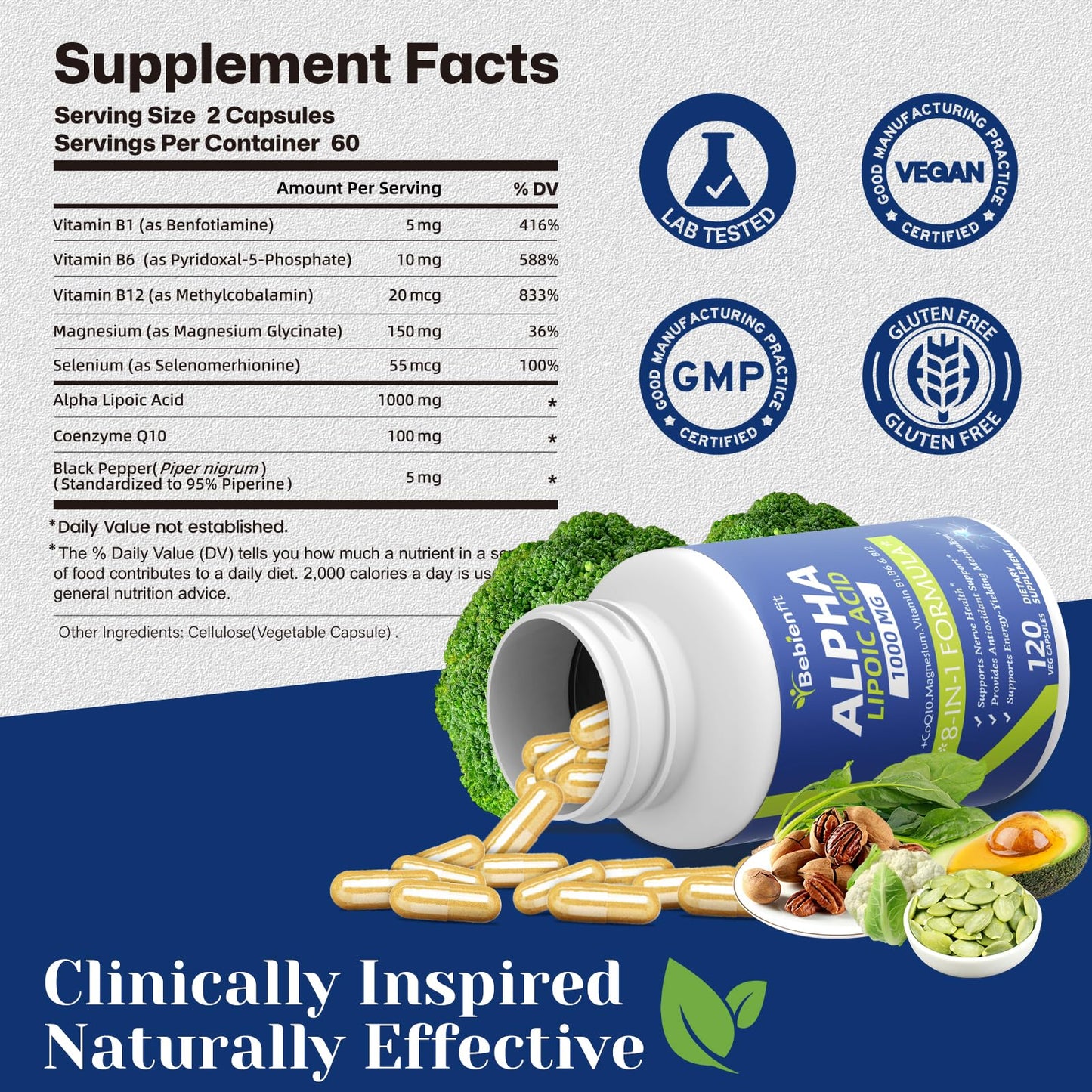 Alpha Lipoic Acid 1000mg with Magnesium Glycinate – Neuropathy Support, CoQ10 & B Vitamins – Gluten-Free Vegan 120 Caps