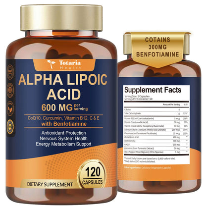 Alpha Lipoic Acid 600mg with Benfotiamine 300mg – Nerve Health & Antioxidant Support (120 Veg Caps)