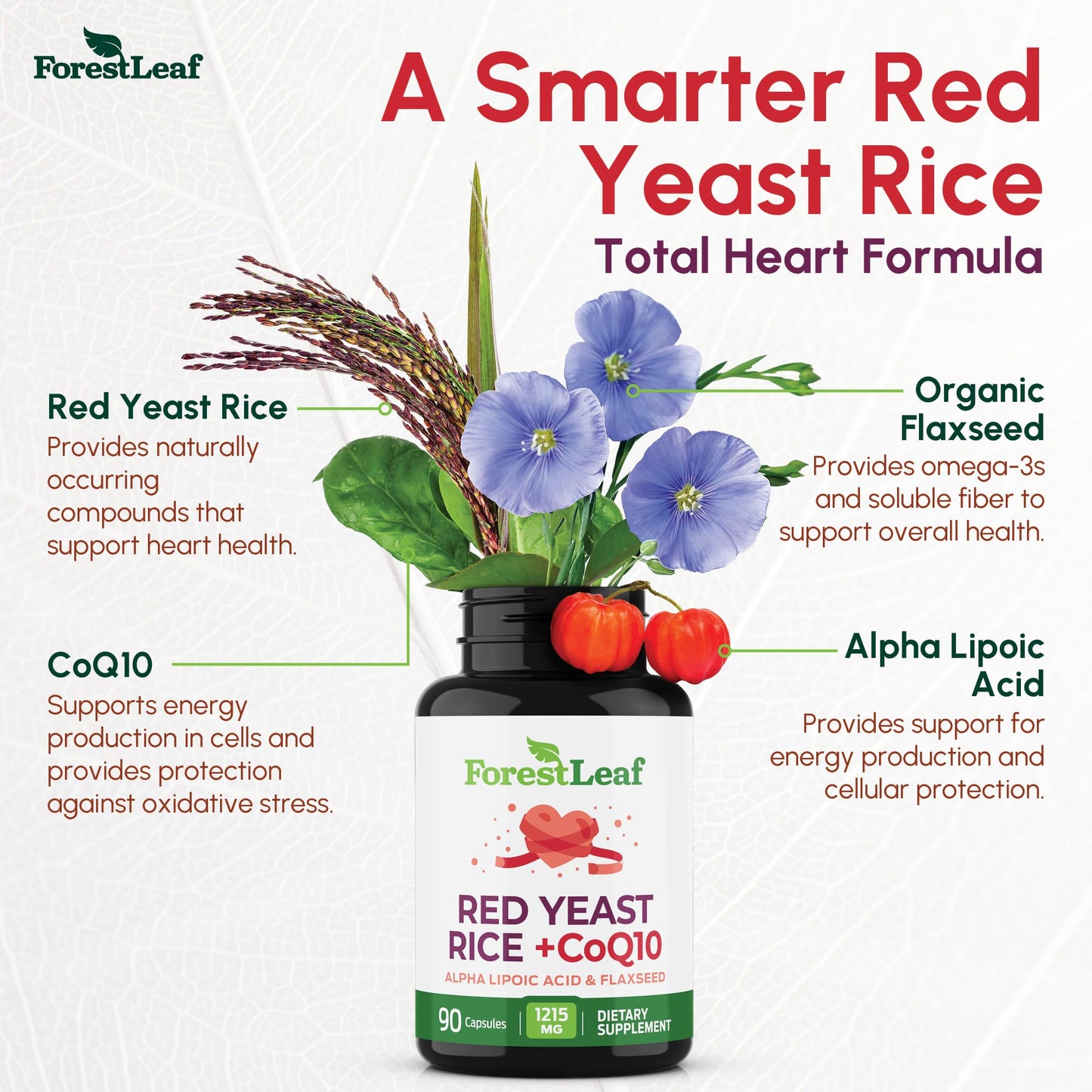 Red Yeast Rice 1215 mg Capsules – Extra Strength with CoQ10, Alpha Lipoic Acid & Organic Flaxseed | Non-GMO 90 Veggie Caps