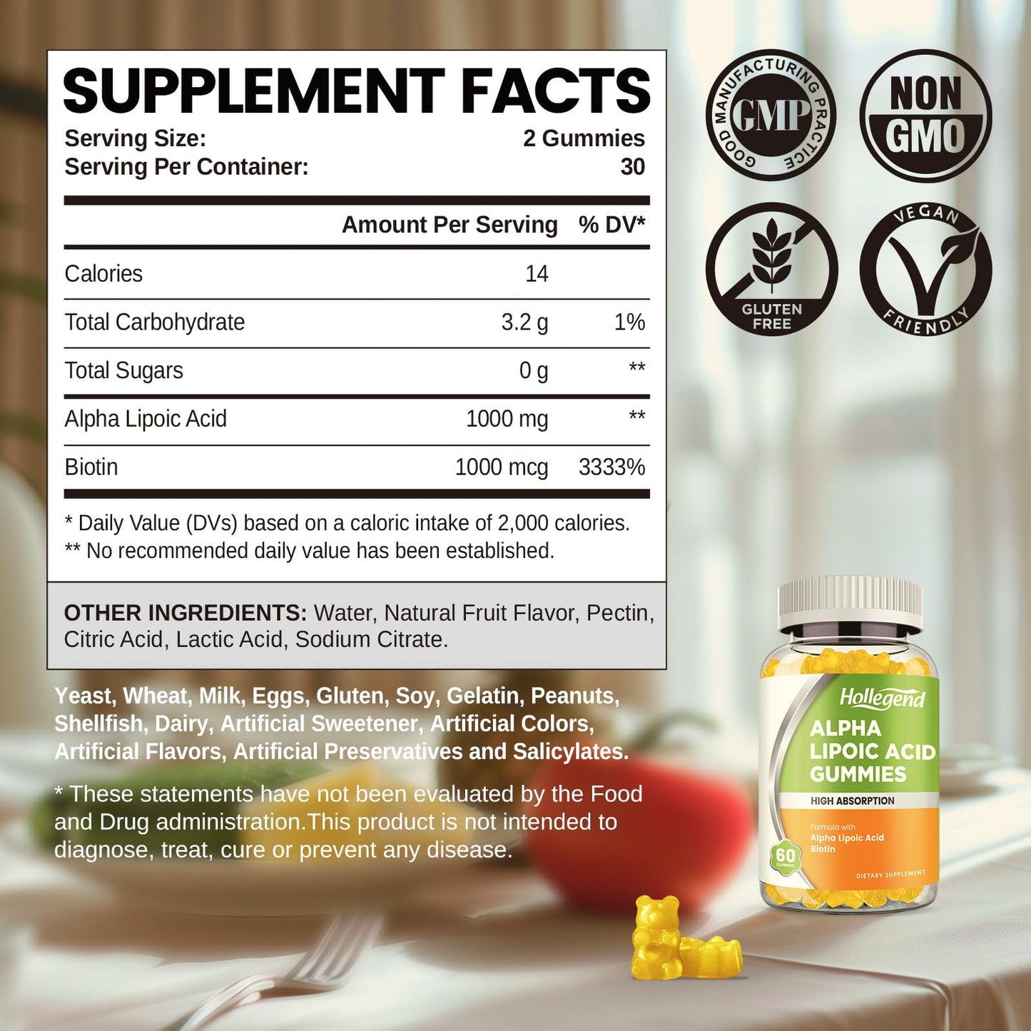 Alpha Lipoic Acid Gummies 1000mg with Biotin – Pineapple Flavor, 60 Chews