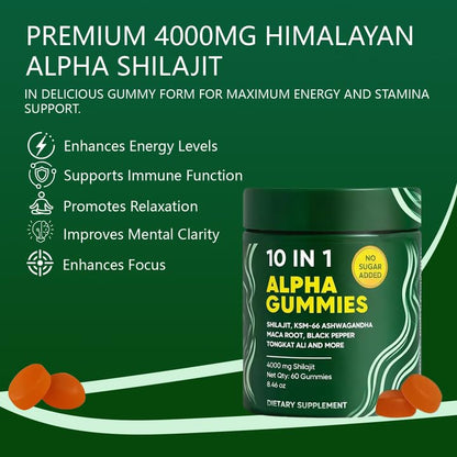 10 in 1 Alpha Shilajit Gummies – 4000mg for Energy & Immune Support | 60 Count