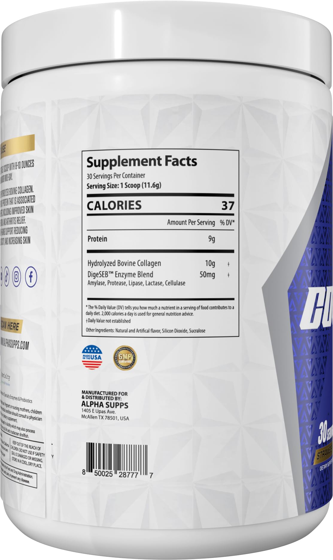 Alpha Supps Premium Hydrolyzed Collagen Powder - Strawberry Lime, 30 Servings