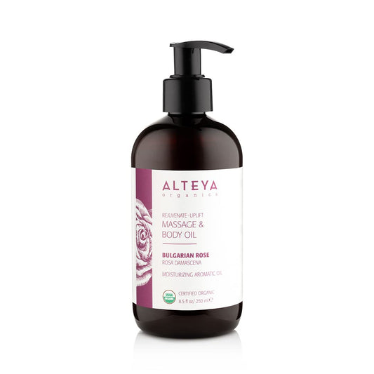 Alteya Organic Massage & Body Oil with Bulgarian Rose – USDA Certified Organic, Rejuvenating & Nourishing Aromatic Oil (8.5 fl oz / 250 mL)