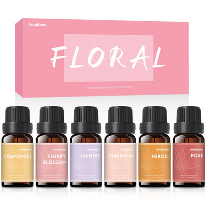 AmaKane Floral Fragrance Oils – 6x10ml Rose, Jasmine, Chamomile, Neroli, Magnolia & Cherry Blossom | Diffuser & DIY Scents