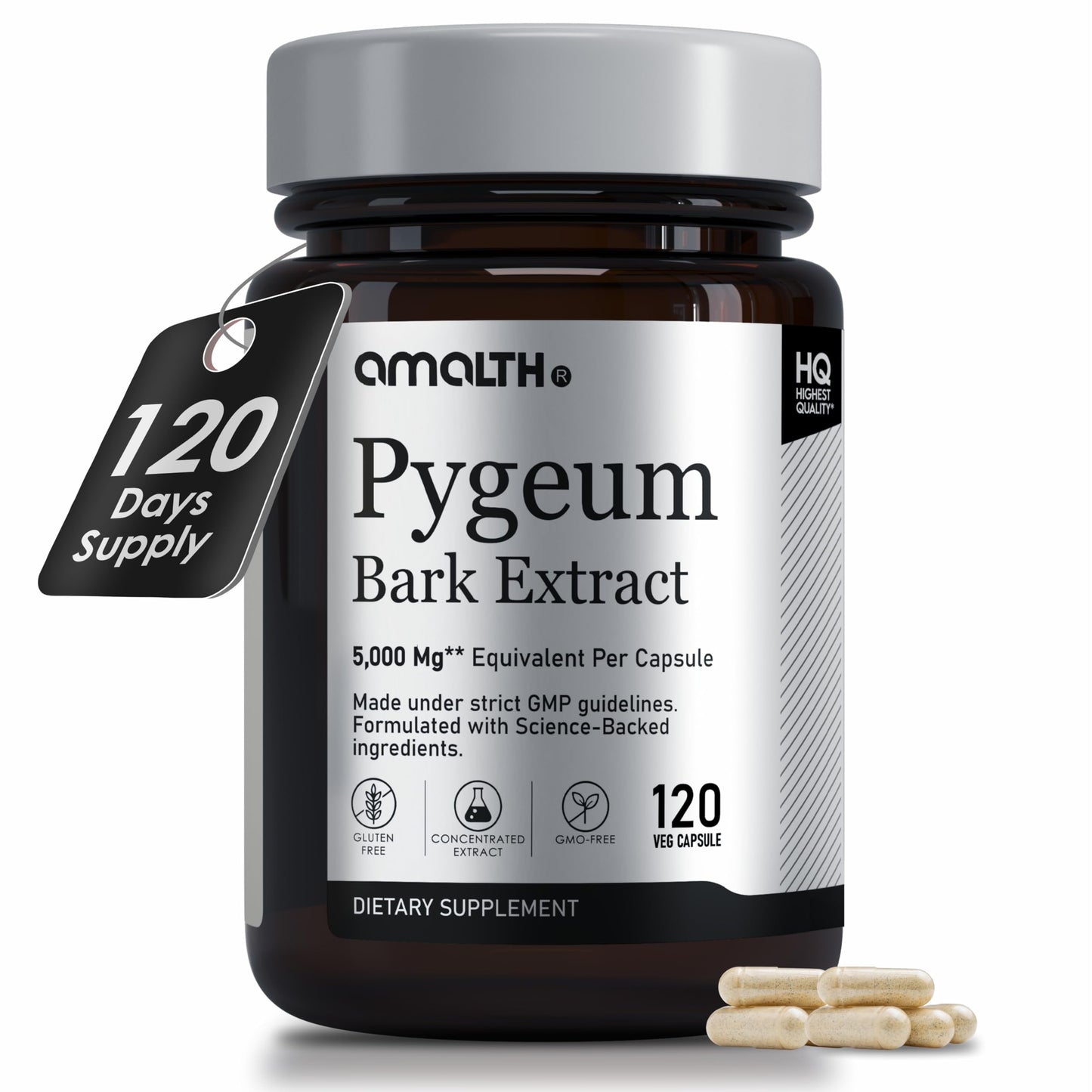 Amalth Pygeum Bark Extract Powder – Higher Potency (6.5% Phytosterols) – Herbal Supplements 120 Capsules – Non-GMO