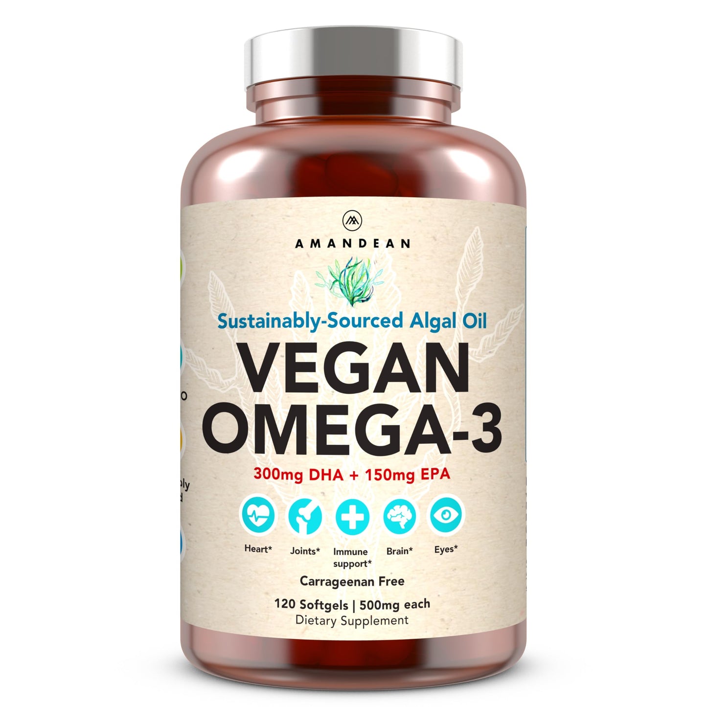 AMANDEAN Vegan Omega-3 Supplement – Algae DHA & EPA, Carrageenan-Free (120ct)