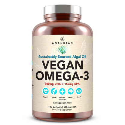 AMANDEAN Vegan Omega-3 Supplement – Algae DHA & EPA, Carrageenan-Free (120ct)